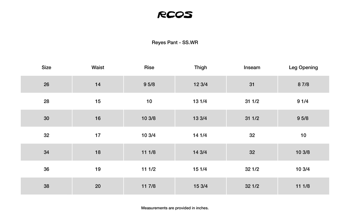 Reyes Pant - SS.WR Size Chart