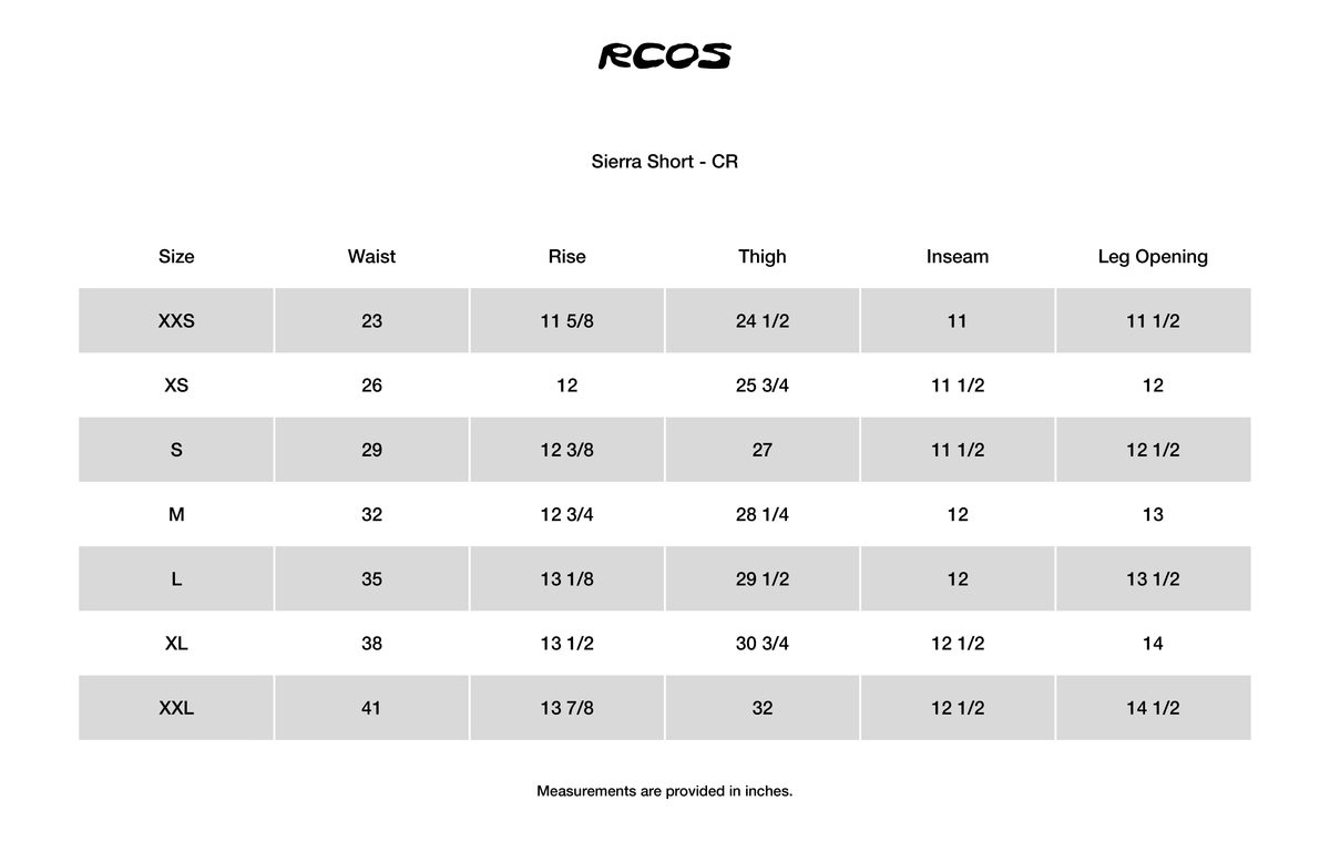 Sierra Short - CR Size Chart