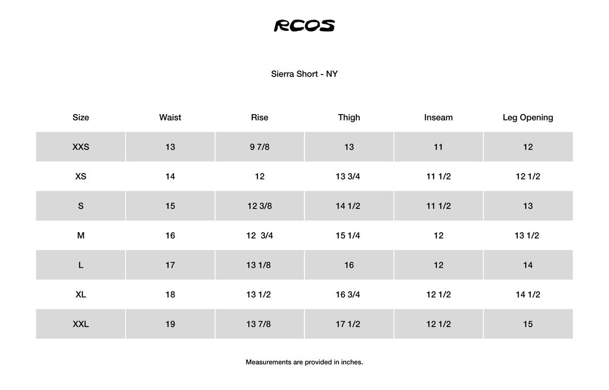 Sierra Short - NY Size Chart