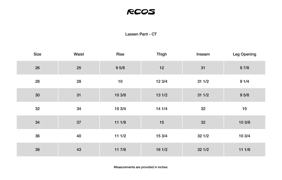 Lassen Pant - CT Size Chart