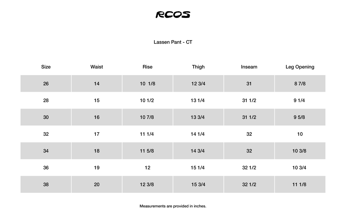 Lassen Pant - CT Size Chart
