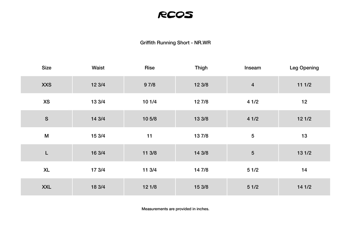 Griffith Running Short - NR.WR Size Chart