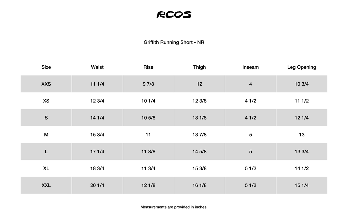 Griffith Running Short - NR Size Chart