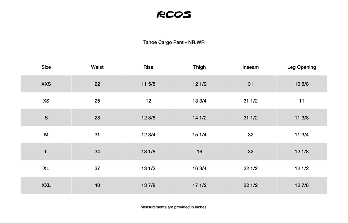 Tahoe Cargo Pant - NR.WR Size Chart