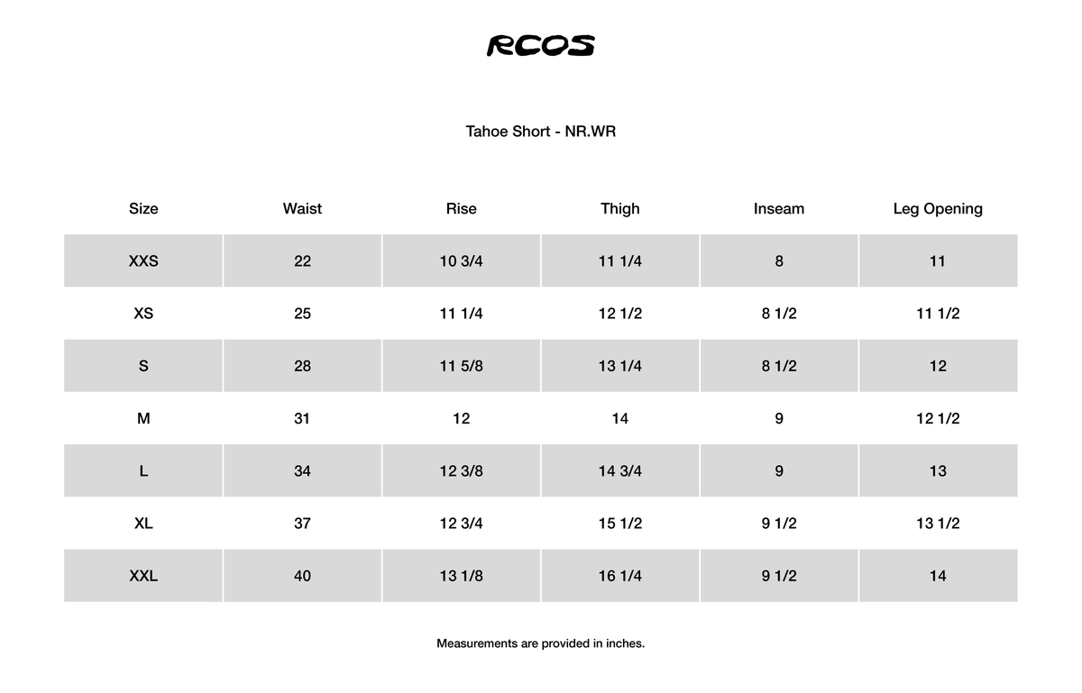 Tahoe Short - NR.WR Size Chart