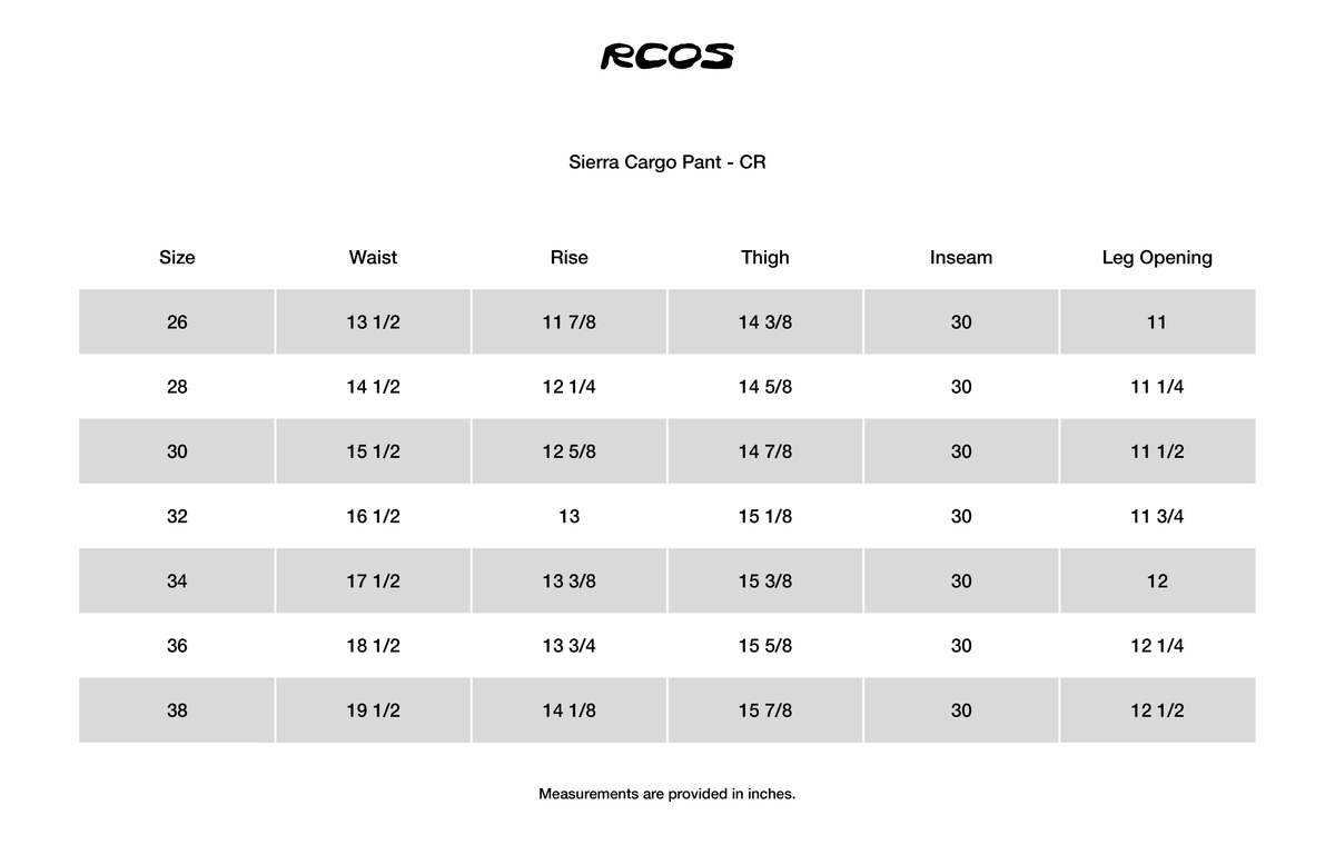 Sierra Cargo Pant - CR Size Chart