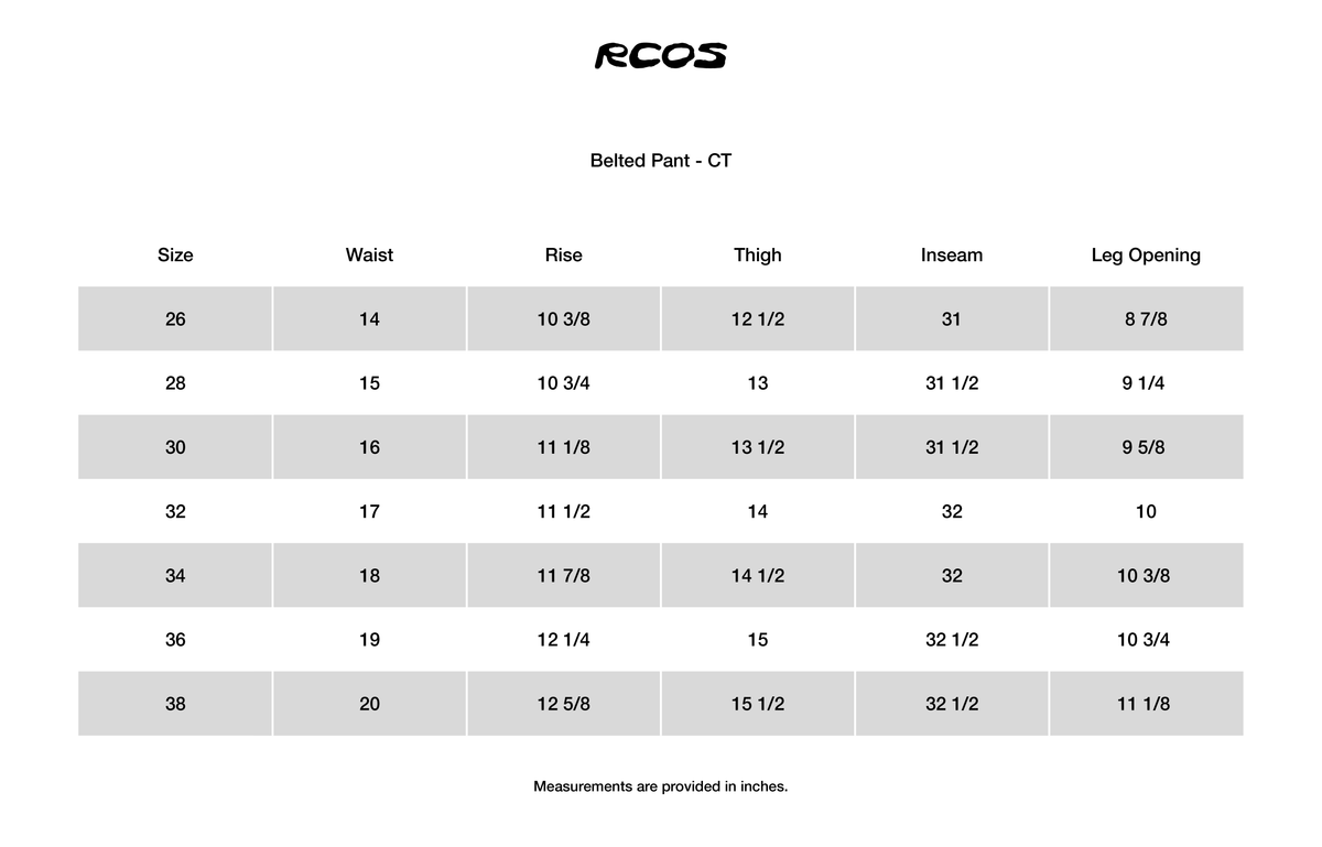 Belted Pant - CT Size Chart
