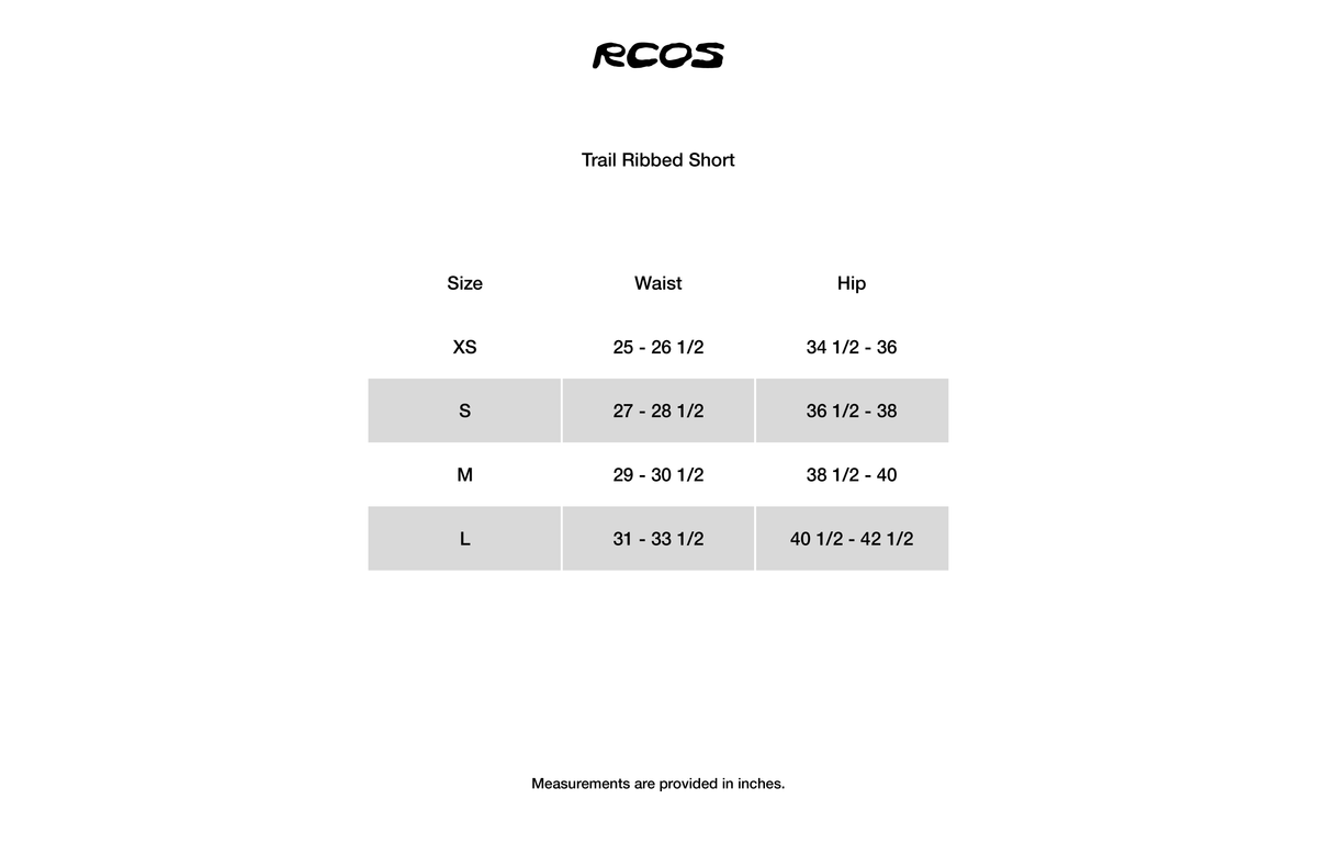 Trail Ribbed Short Size Chart