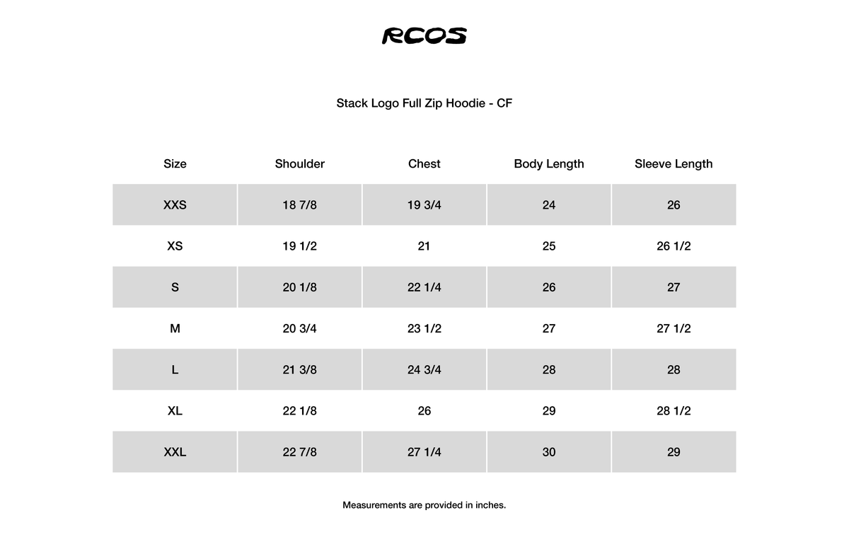 Stack Logo Full Zip Hoodie - CF Size Chart
