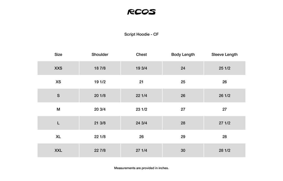 Script Hoodie - CF Size Chart