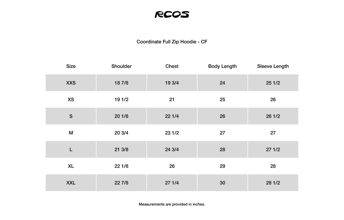 Coordinate Full Zip Hoodie - CF Size Chart