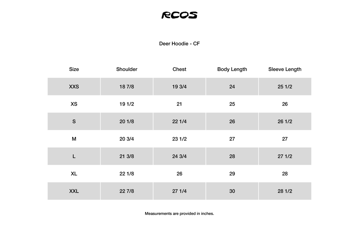 Deer Hoodie - CF Size Chart