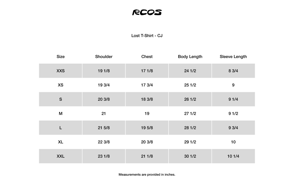 Lost T-Shirt - CJ Size Chart