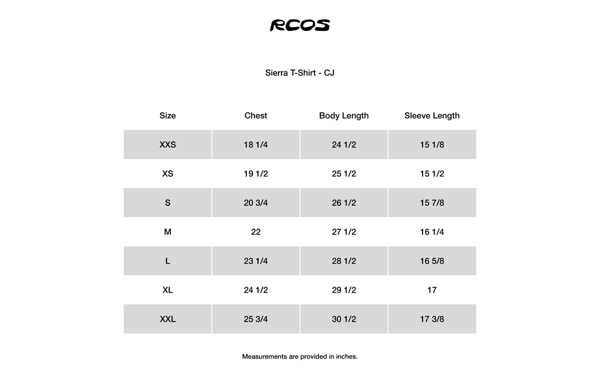 Sierra T-Shirt - CJ Size Chart