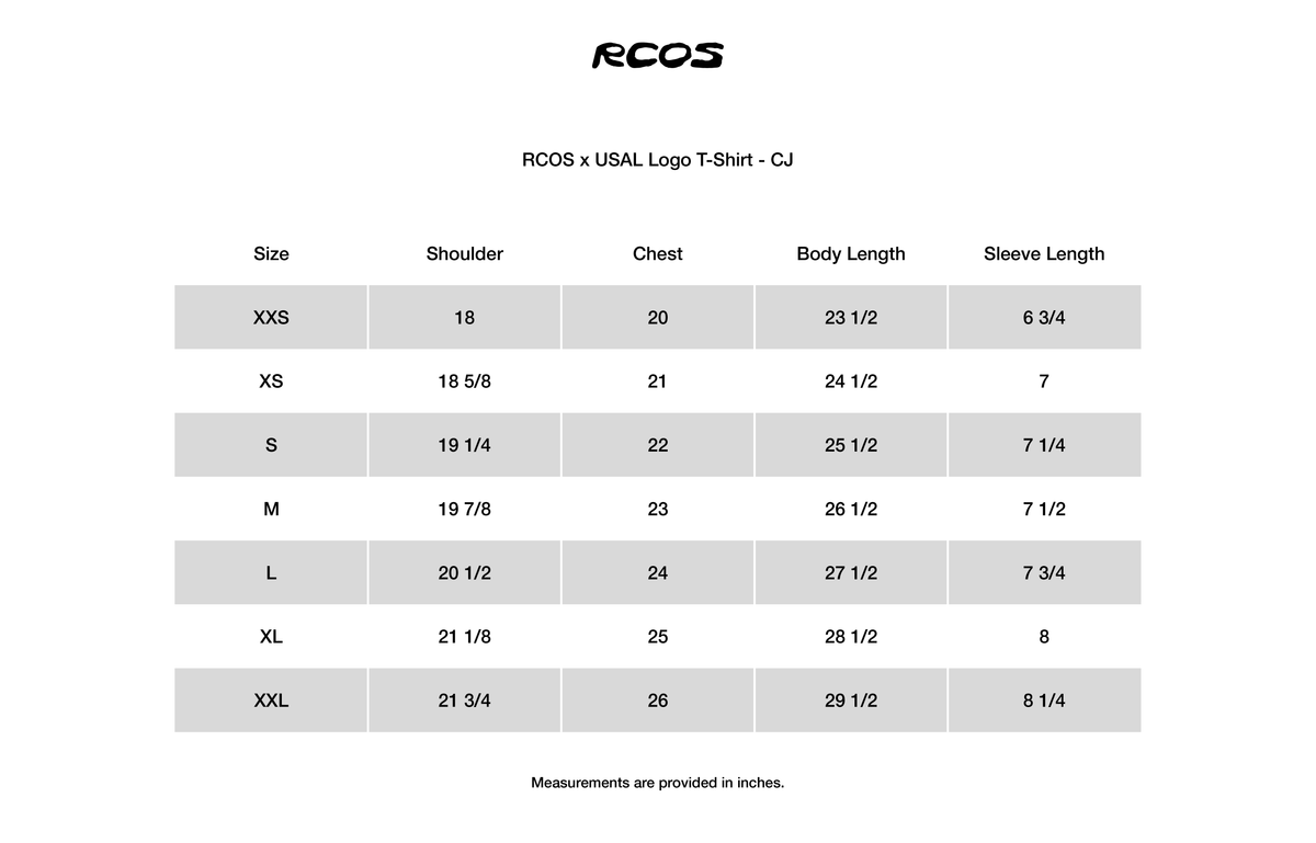 RCOS x USAL Logo T-Shirt - CJ Size Chart