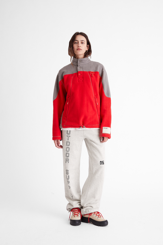 Sherpa Fleece Collared Pullover in Red & Grey