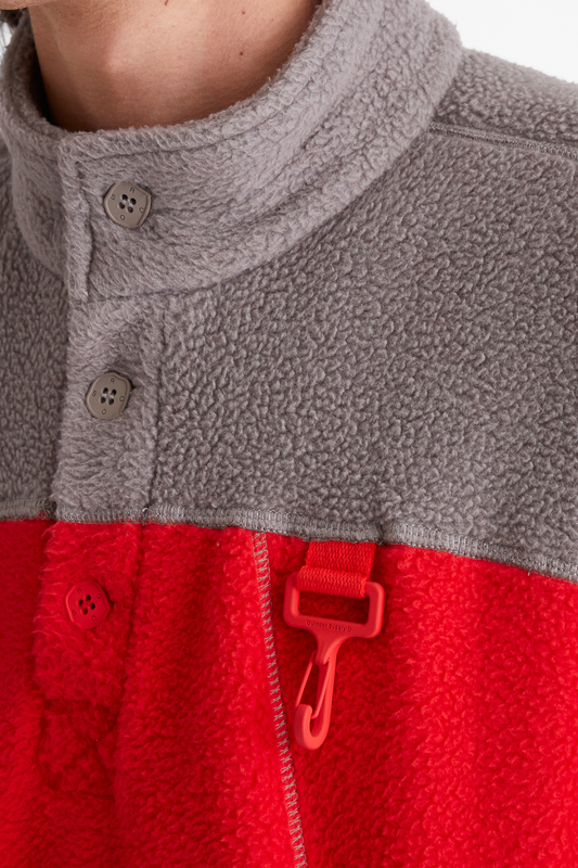 Sherpa Fleece Collared Pullover in Red & Grey