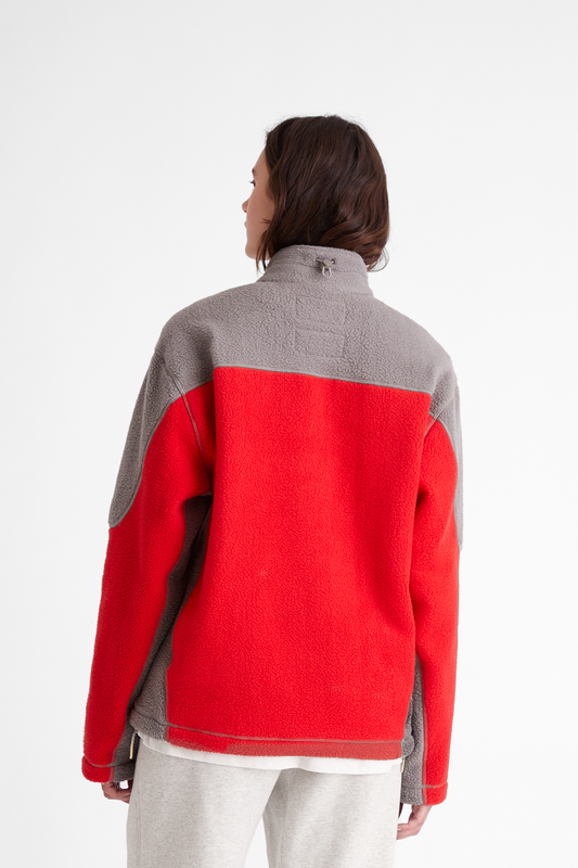 Sherpa Fleece Collared Pullover in Red & Grey