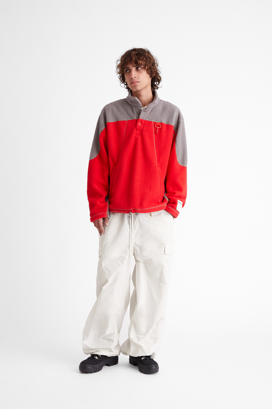 Sherpa Fleece Collared Pullover in Red & Grey