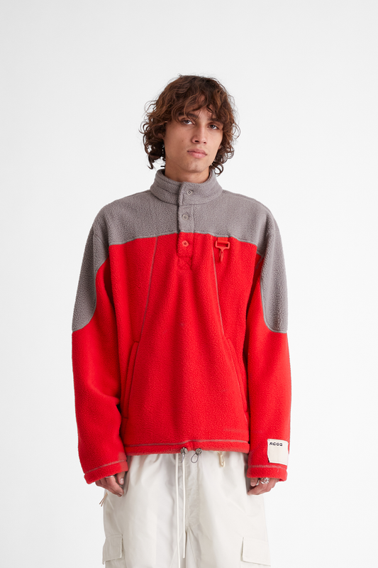 Sherpa Fleece Collared Pullover in Red & Grey