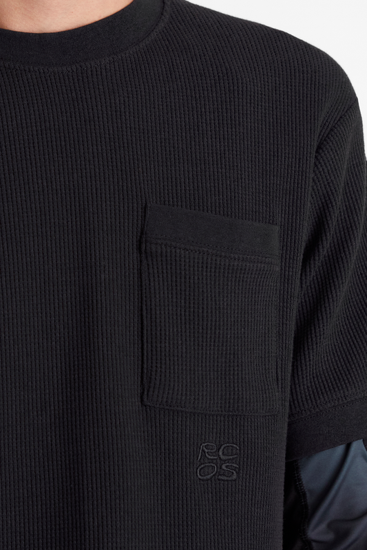 Waffle Knit Pocket T-Shirt in Black