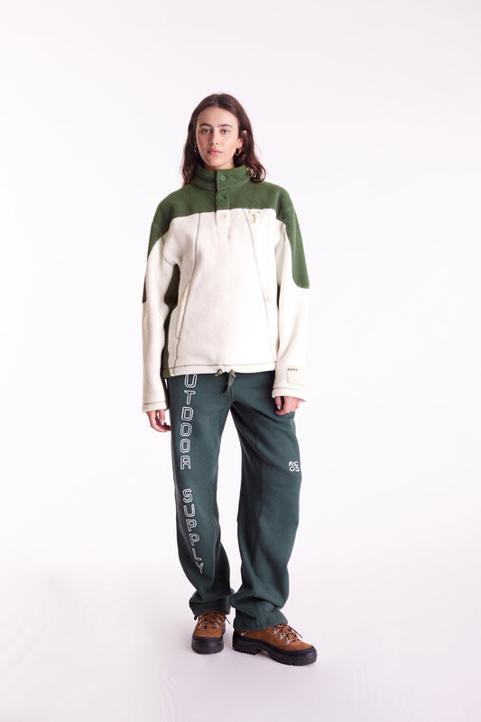 Sherpa Fleece Collared Pullover in Green & White