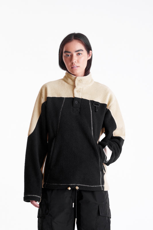 Sherpa Fleece Collared Pullover in Khaki & Black