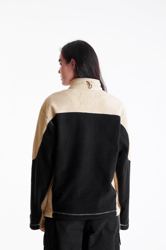 Sherpa Fleece Collared Pullover in Khaki & Black