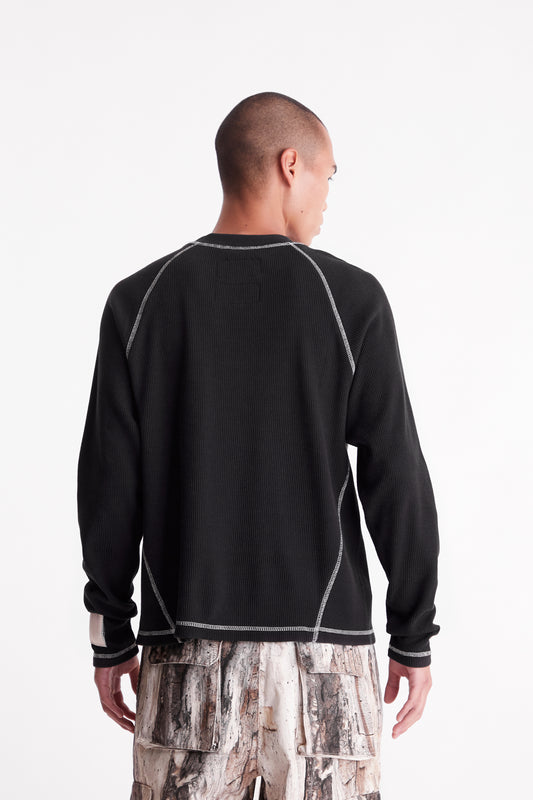 Waffle Knit LS Shirt in Black