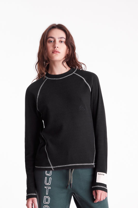 Waffle Knit LS Shirt in Black