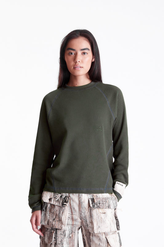 Waffle Knit LS Shirt in Olive