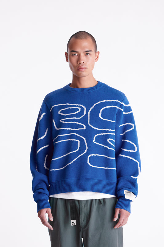 Stack Logo Heavy Intarsia Knit Sweater in Blue