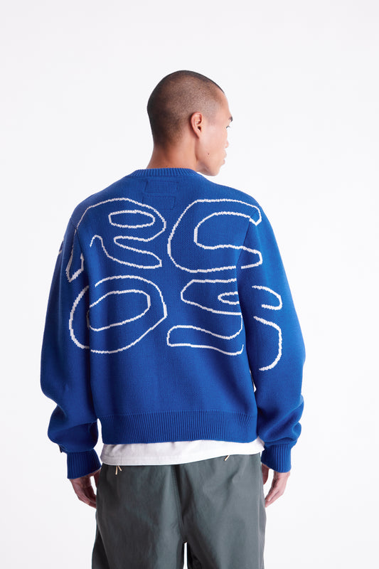 Stack Logo Heavy Intarsia Knit Sweater in Blue