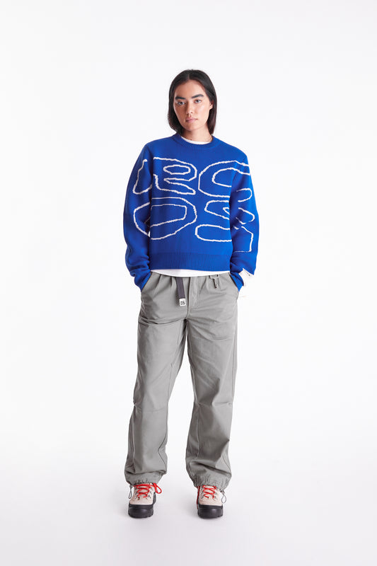 Stack Logo Heavy Intarsia Knit Sweater in Blue