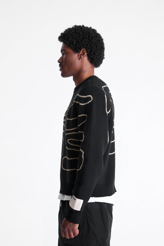 Stack Logo Heavy Intarsia Knit Sweater in Black