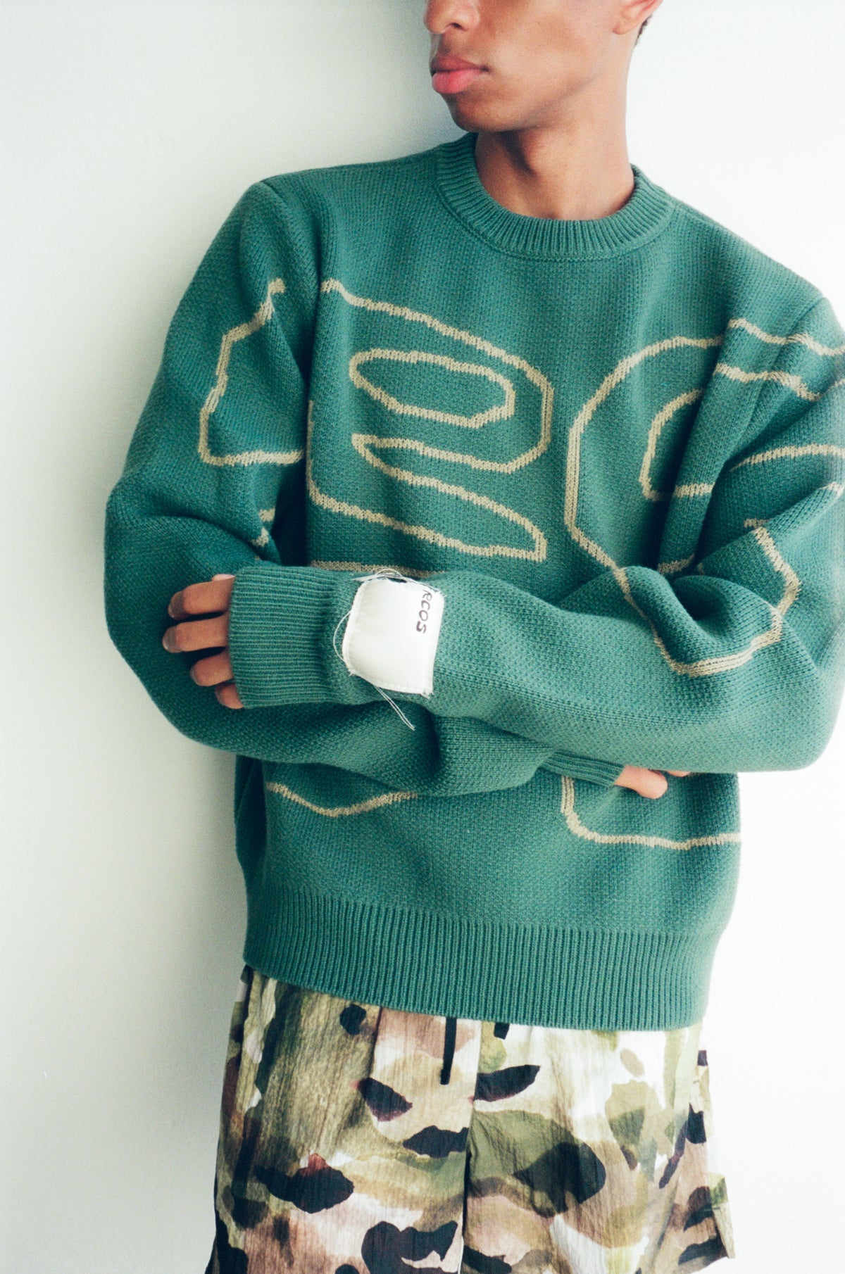 Stack Logo Heavy Intarsia Knit Sweater in Green