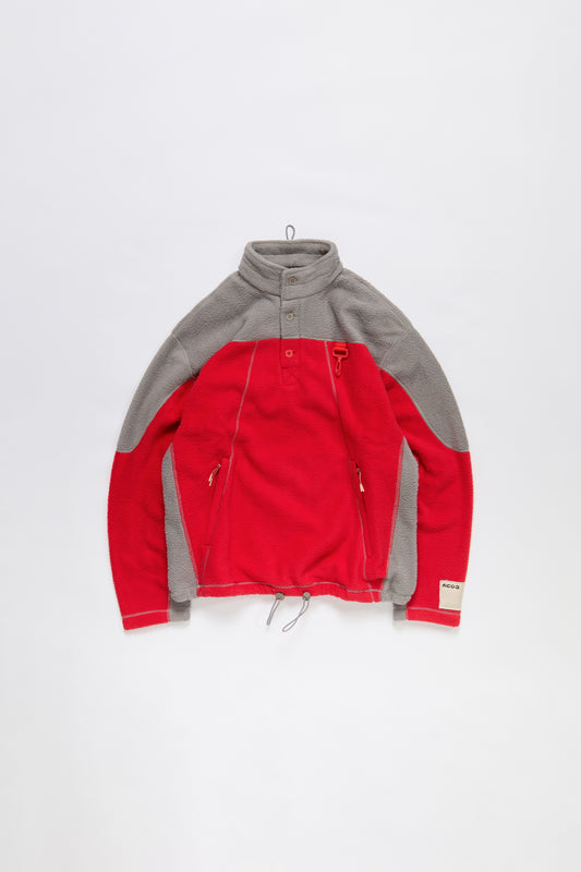 Sherpa Fleece Collared Pullover in Red & Grey