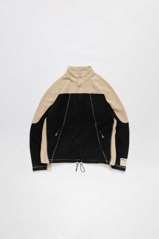 Sherpa Fleece Collared Pullover in Khaki & Black