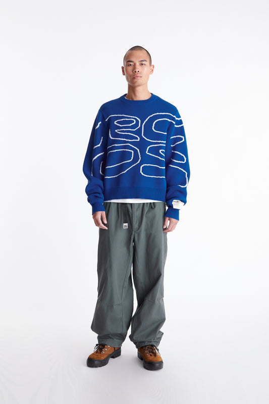 Stack Logo Heavy Intarsia Knit Sweater in Blue