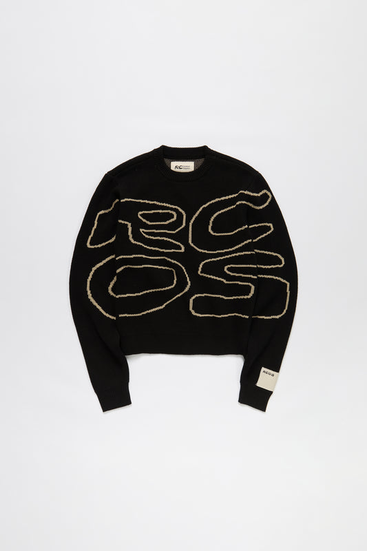 Stack Logo Heavy Intarsia Knit Sweater in Black