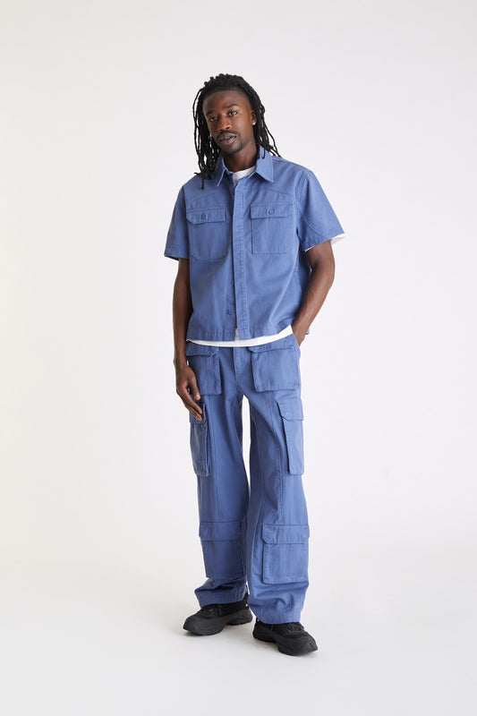 Cotton Short Sleeve Button Down Shirt in Slate Blue