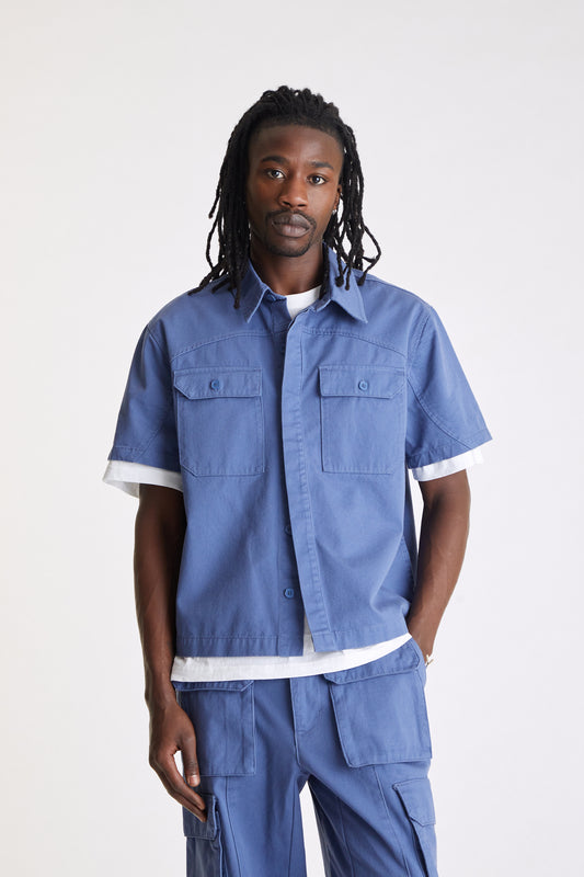 Cotton Short Sleeve Button Down Shirt in Slate Blue