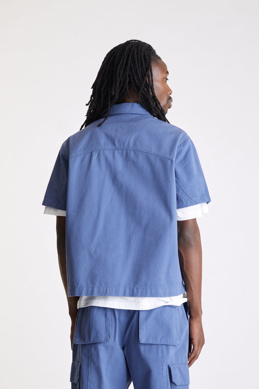 Cotton Short Sleeve Button Down Shirt in Slate Blue