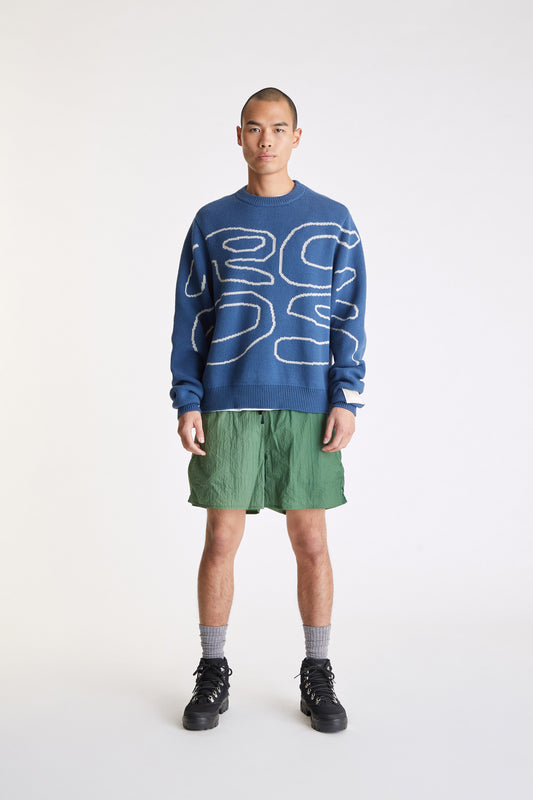Stack Logo Heavy Intarsia Knit Sweater in Slate Blue