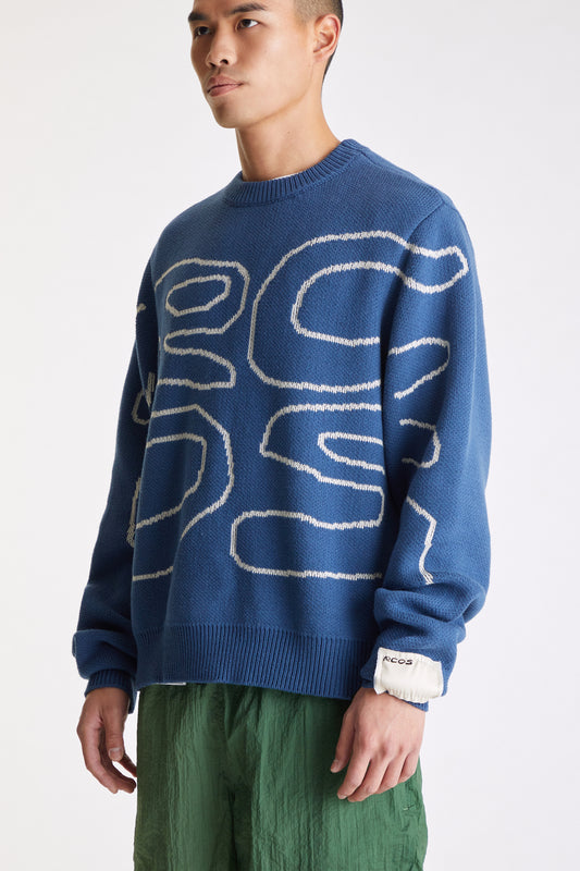 Stack Logo Heavy Intarsia Knit Sweater in Slate Blue