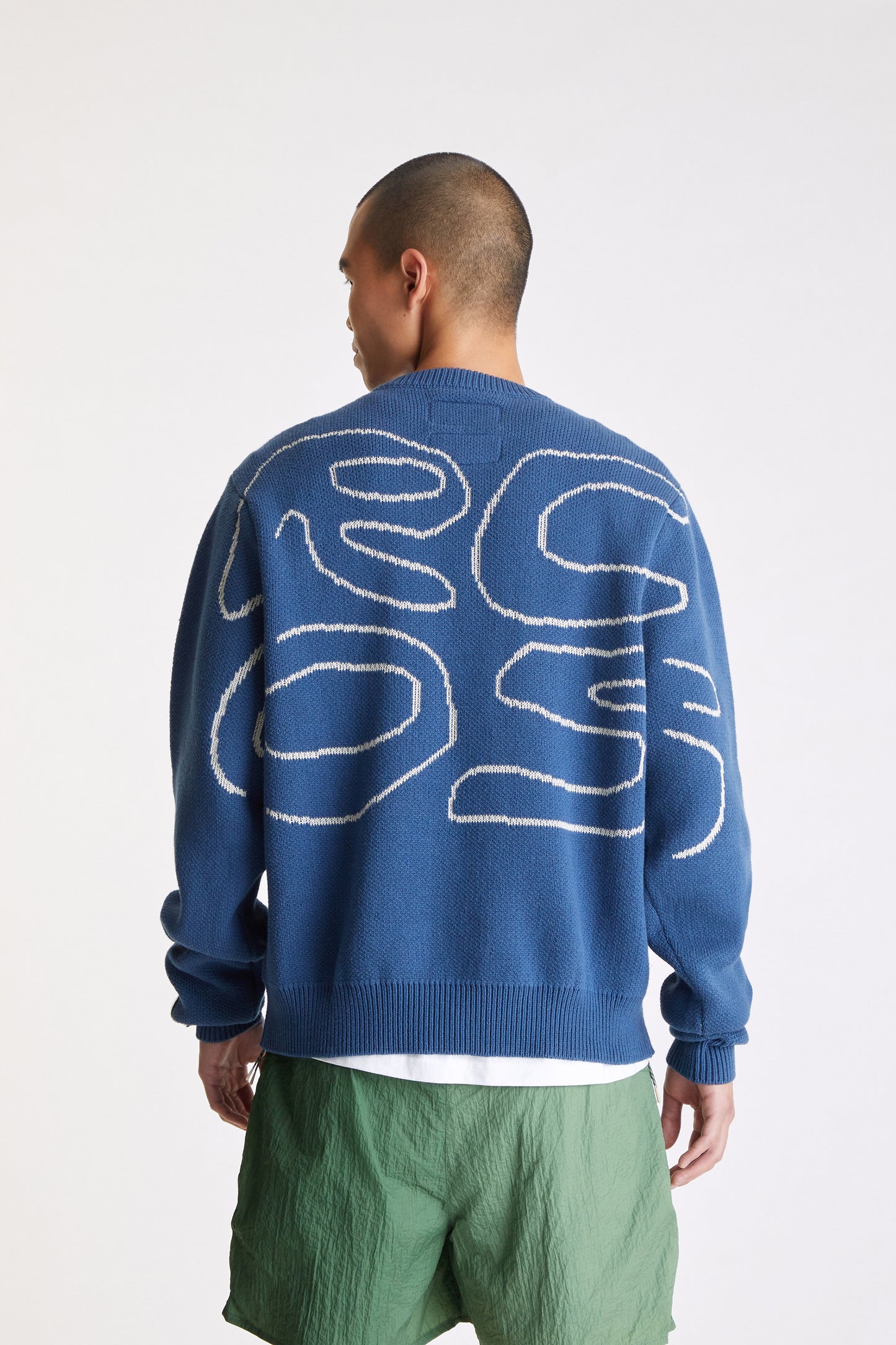Stack Logo Heavy Intarsia Knit Sweater in Slate Blue