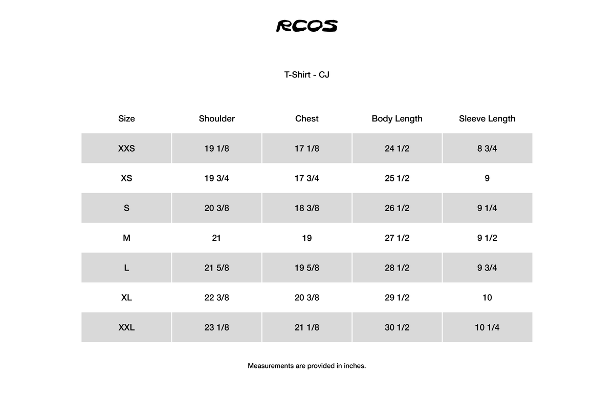 Etching T-Shirt - CJ Size Chart